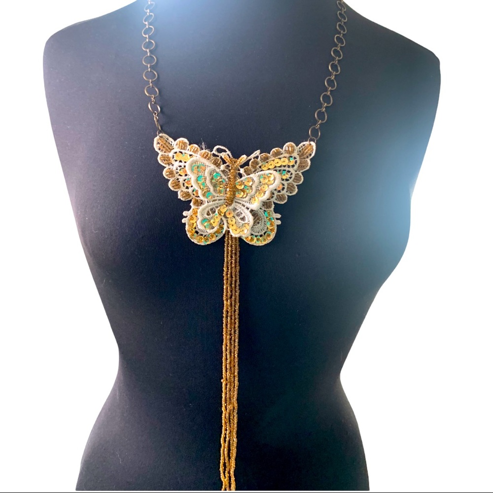 Necklace Butterfly Sequin Beaded Statement Neckla… - image 1